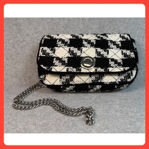 Zara Woman Tweed Quilted Shoulder Bag Purse Chain Strap Black White